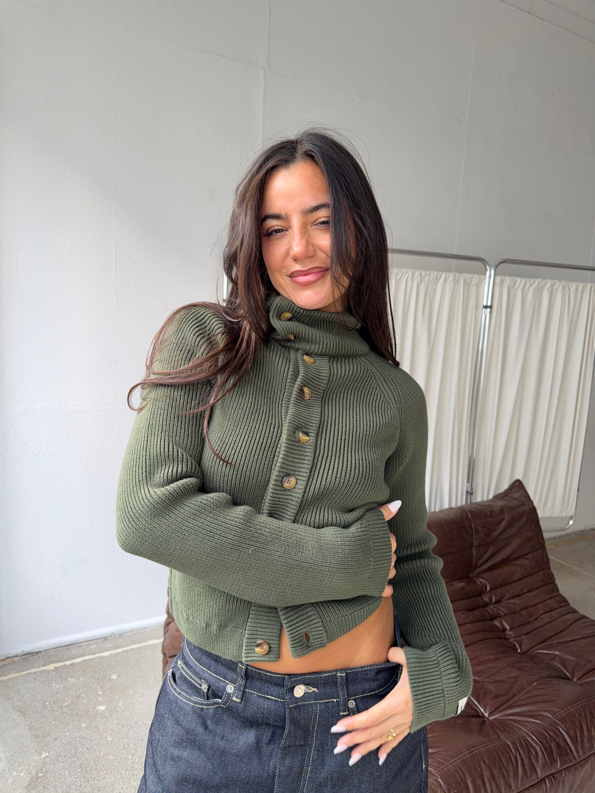 rib cardigan sweater olive